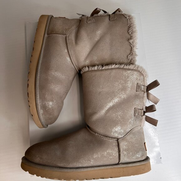 UGG Boot Women 12 Bailey Bow Shimmer Sheepskin Classic Shearling Party Core Go - Picture 10 of 16